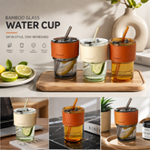 Glass Cup, Bamboo Lid, Glass Straw, Coffee Cup, Water Cup, Aesthetic Cup.