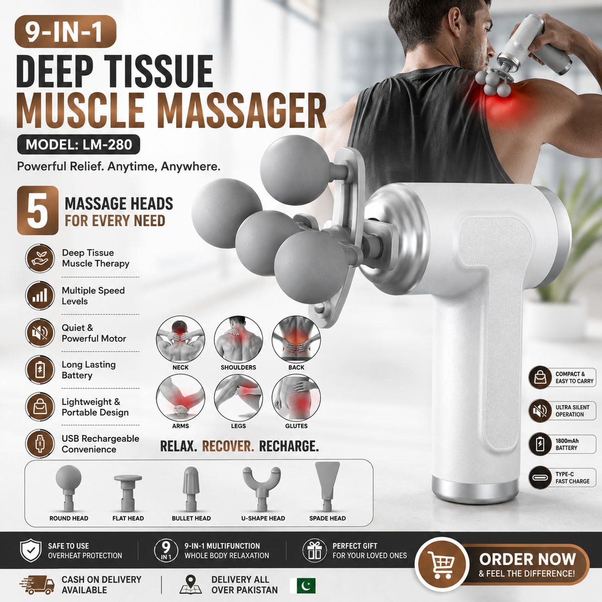 9-in-1 Deep Tissue Muscle Massage Gun LM-280 | 5 Interchangeable Massage Heads | Portable Electric Body Massager for Pain Relief & Muscle Recovery