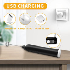 Rechargeable Electric Milk Frother – Adjustable Speed Handheld Coffee Whisk with 2 Attachments