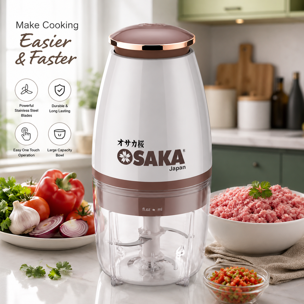 Osaka Multi-Purpose Electric Meat Grinder & Food Processor | 4-Blade Kitchen Chopper for Meat, Vegetables & Fruits