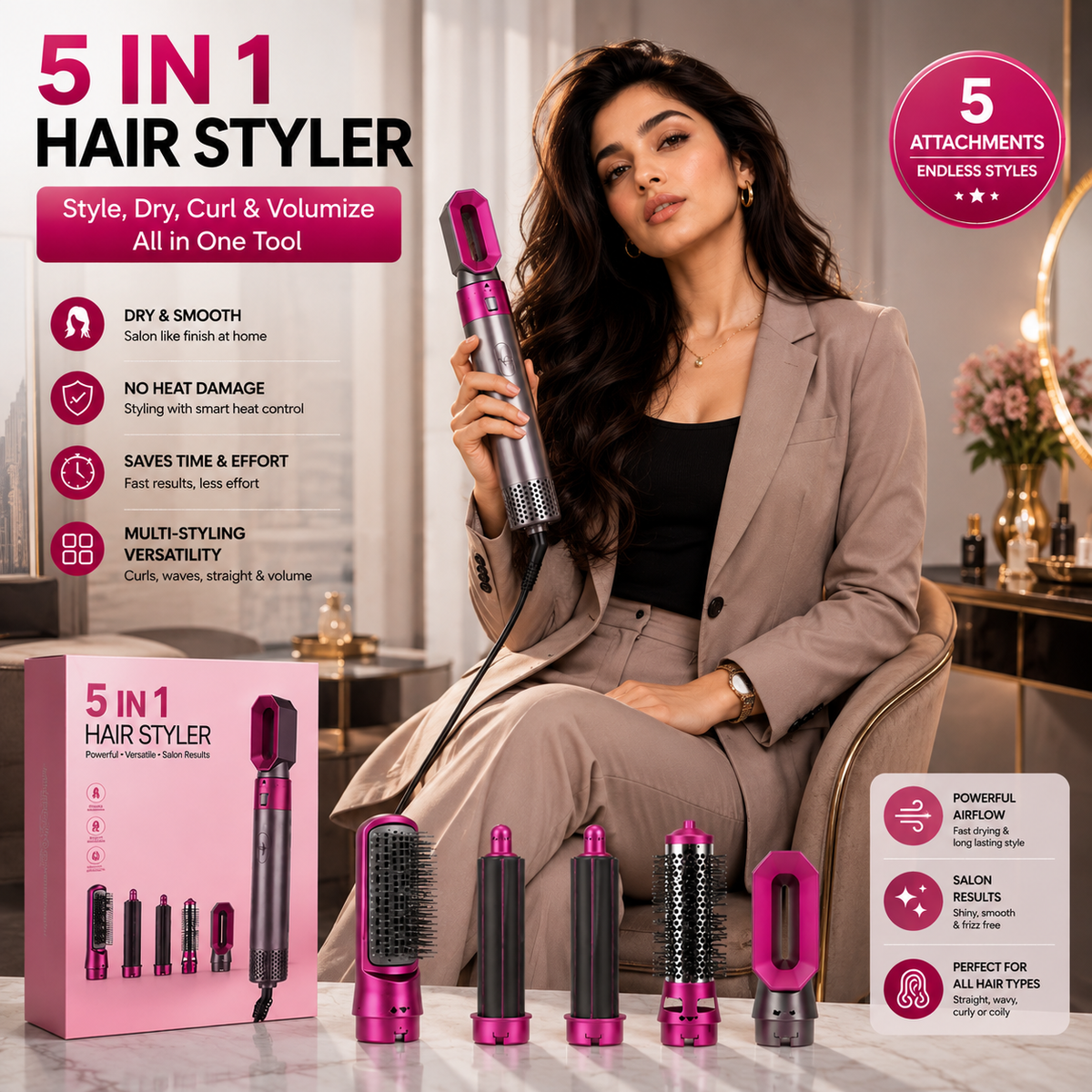 5-in-1 Hot Air Brush Hair Dryer – Volumizer, Straightener & Curler Styling Tool