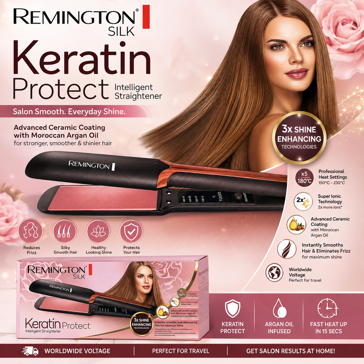 Remington Keratin Protect Hair Straightener FR-2025 – Professional Ceramic Hair Straightener with Fast Heat-Up | Smooth, Frizz-Free Styling