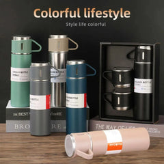3 Cup 500ml Double-Layer Stainless Steel Vacuum Flask Set – Hot & Cold Thermos Bottle with 3 Cups