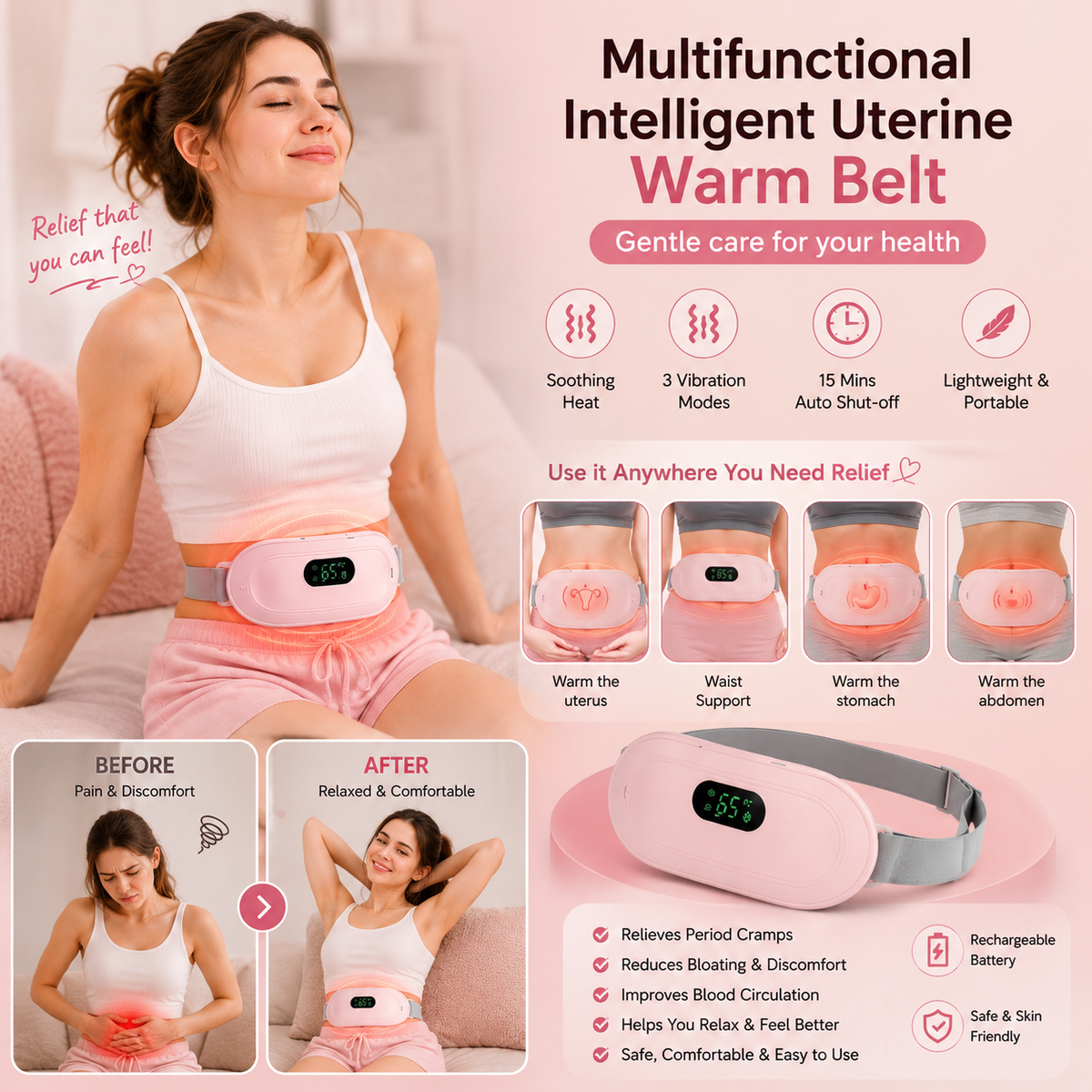 Period Cramp Relief Belt – Electric Menstrual Heating Pad & Vibration Massager for Women