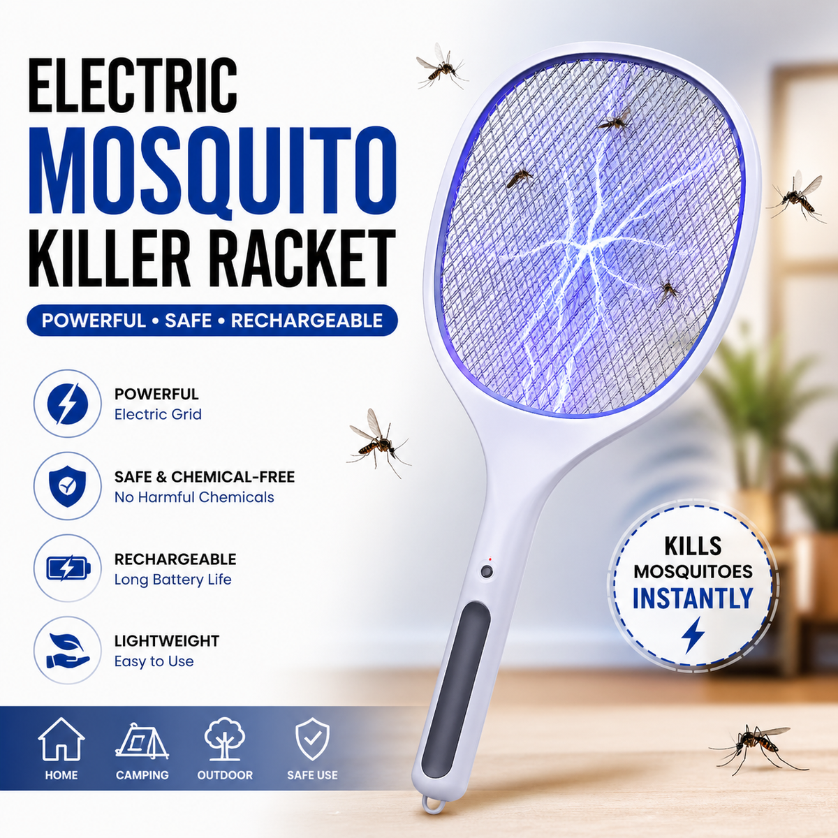 Electric Mosquito Killer Racket – Rechargeable Handheld Mosquito Swatter for Indoor & Outdoor Use