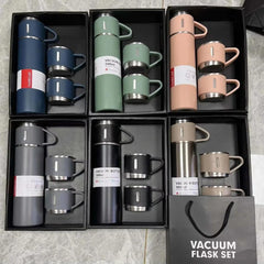 3 Cup 500ml Double-Layer Stainless Steel Vacuum Flask Set – Hot & Cold Thermos Bottle with 3 Cups