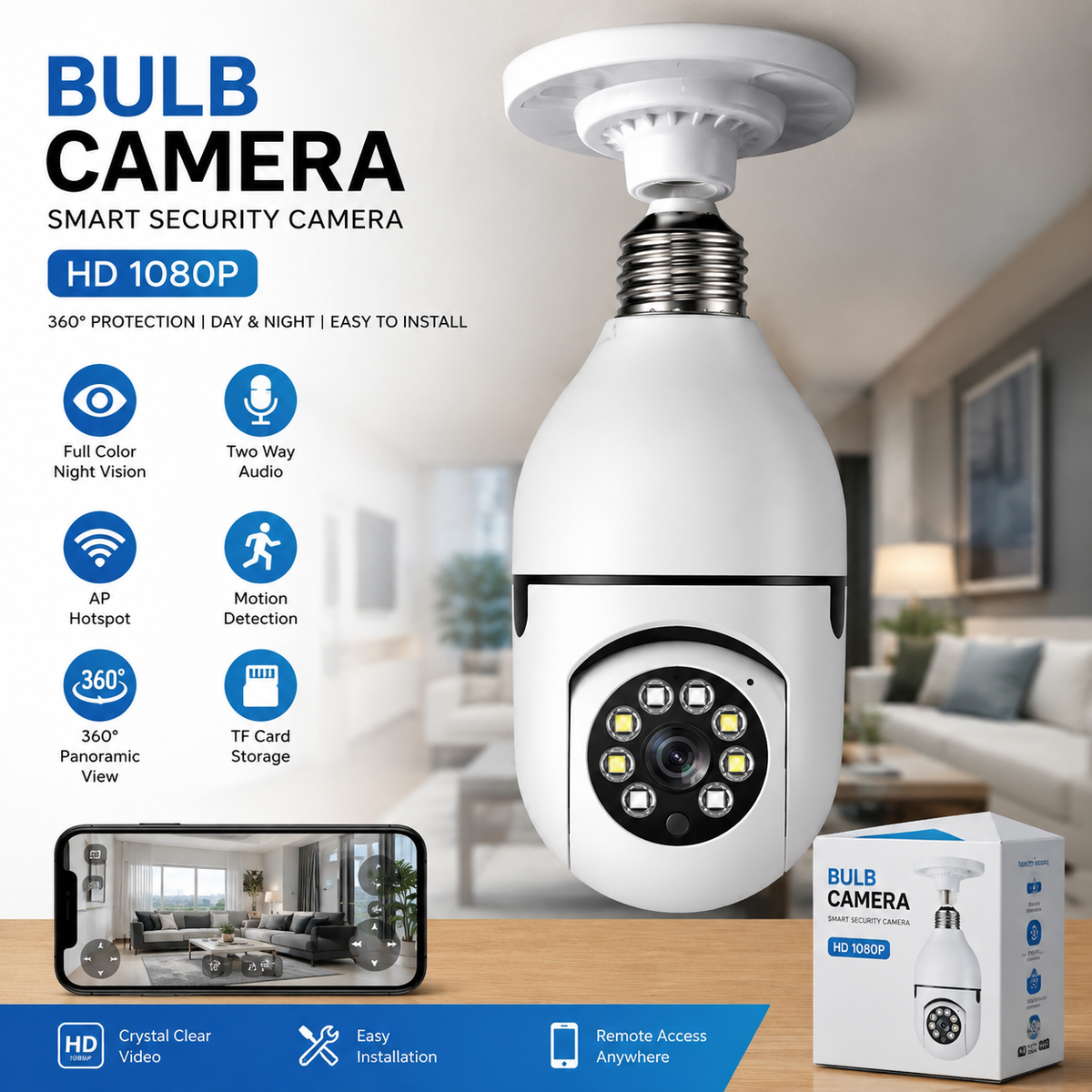 360° Wireless WiFi Panoramic Bulb Camera – 360° Security Camera with Night Vision & Motion Detection