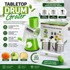3-in-1 Rotary Drum Vegetable Cutter & Cheese Grater | Manual Hand Crank Vegetable Slicer, Potato Grater, Kitchen Food Shredder with Stainless Steel Blades