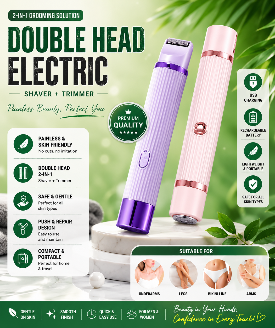 2-in-1 Dual Head Electric Shaver for Women – Bikini Trimmer & Facial Hair Remover | Wet & Dry Use