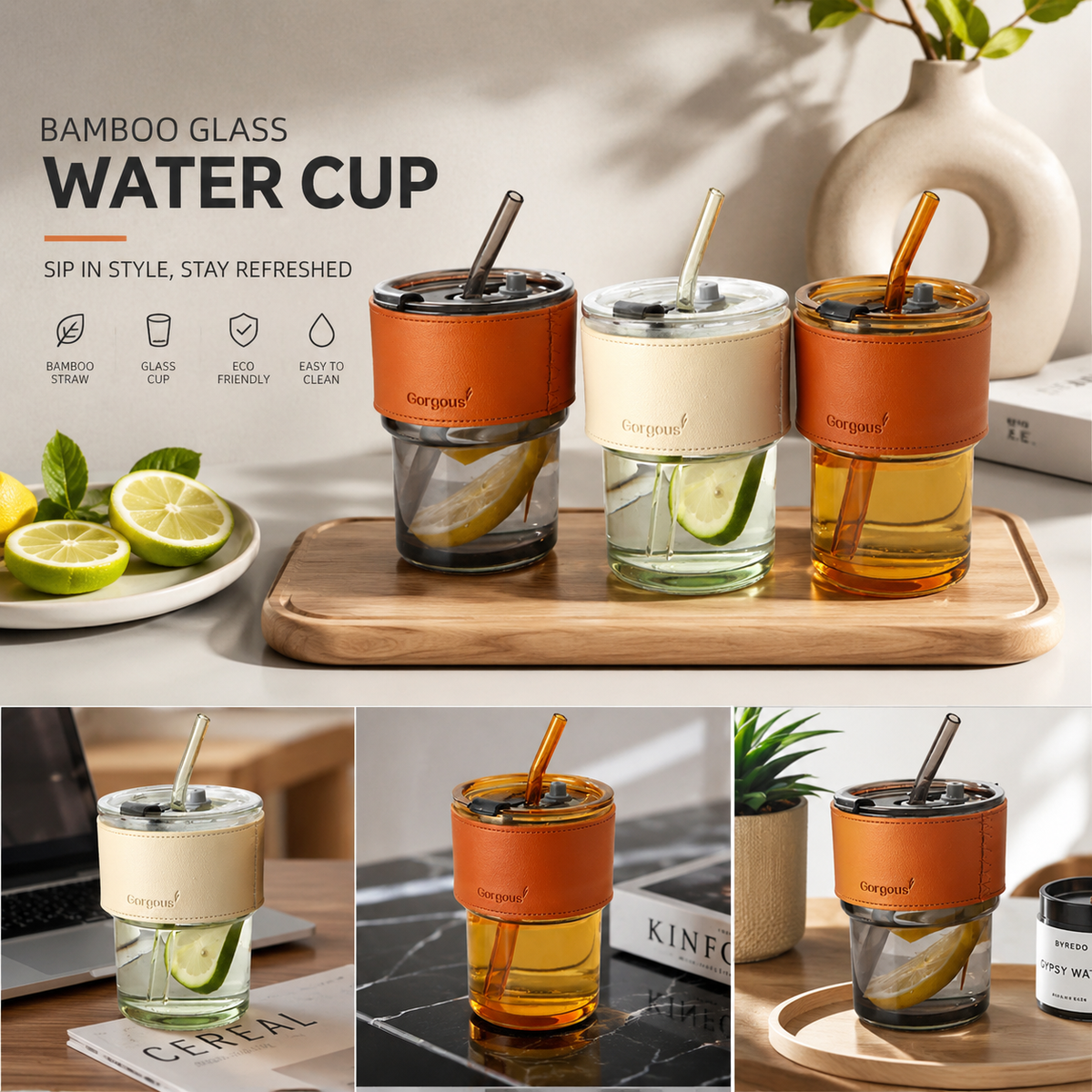 Glass Cup, Bamboo Lid, Glass Straw, Coffee Cup, Water Cup, Aesthetic Cup.