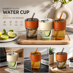 Glass Cup, Bamboo Lid, Glass Straw, Coffee Cup, Water Cup, Aesthetic Cup.