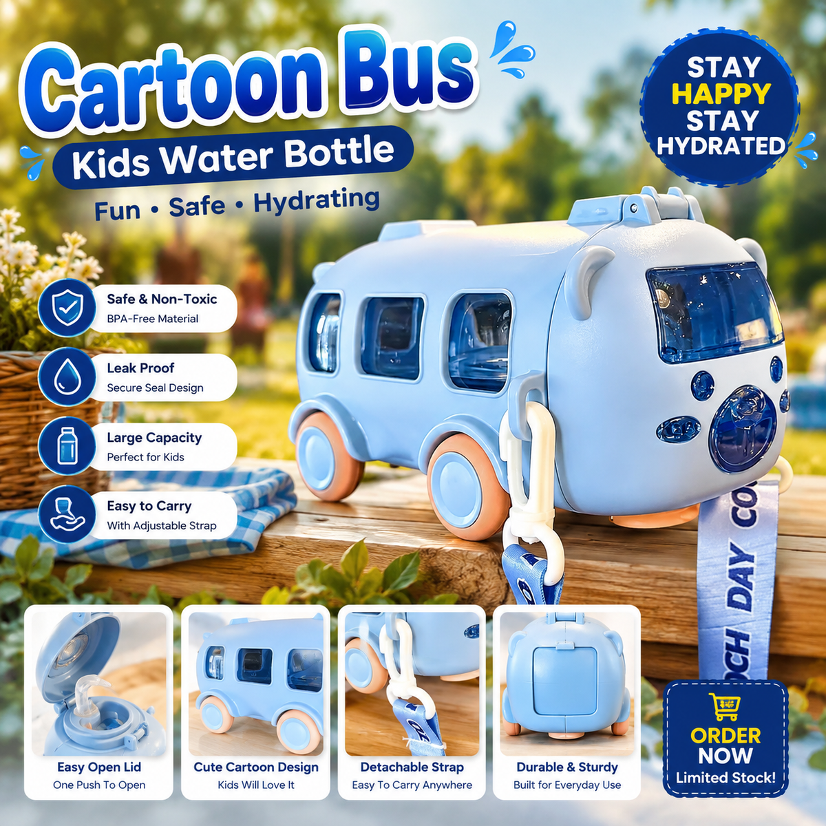 Baby Bus Water Bottle 500ml for Kids – Leakproof BPA-Free School Drinking Bottle with Straw | Cute Cartoon Bus Design