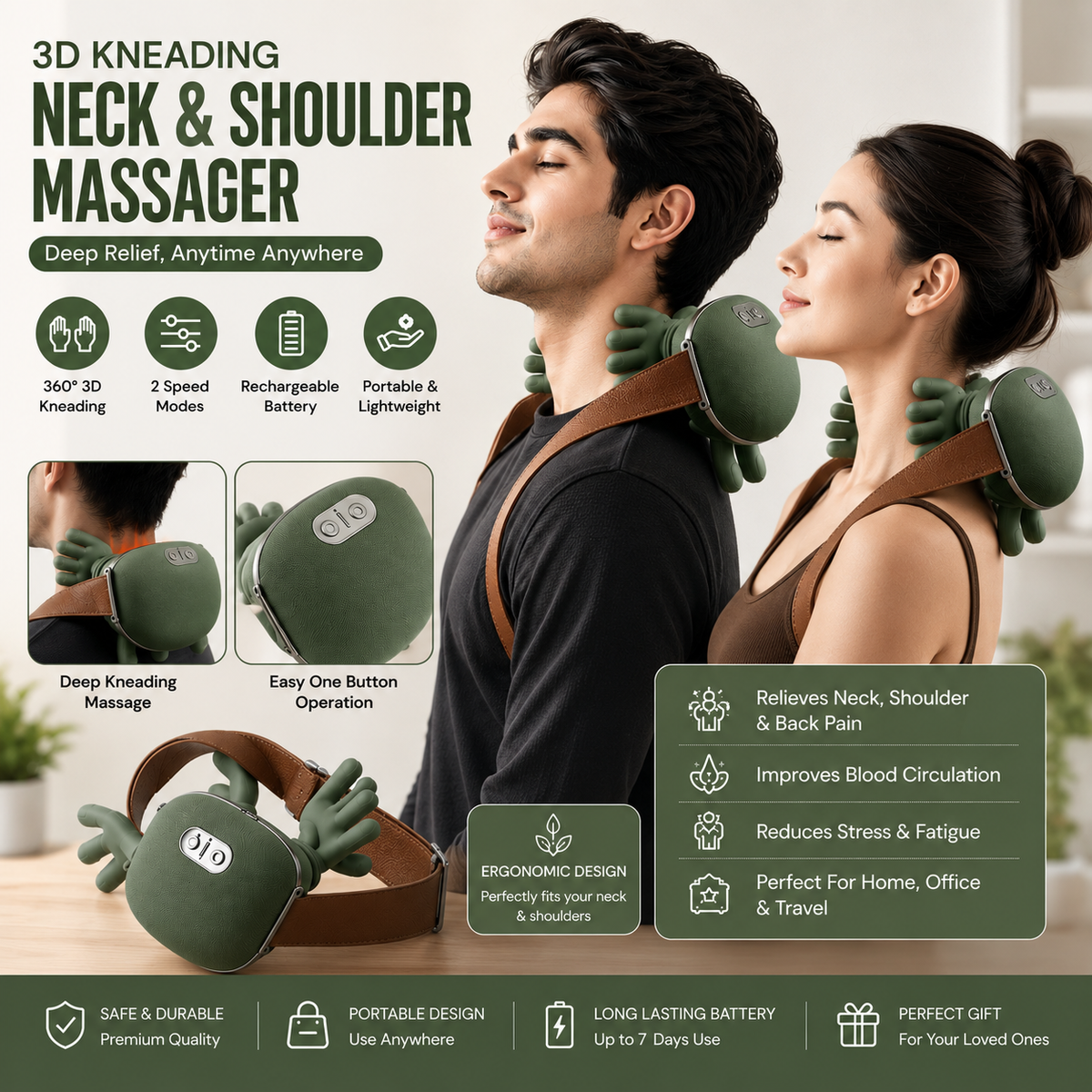 3D Electric Neck & Shoulder Massager with Heat | Deep Kneading Cervical & Trapezius Muscle Massage